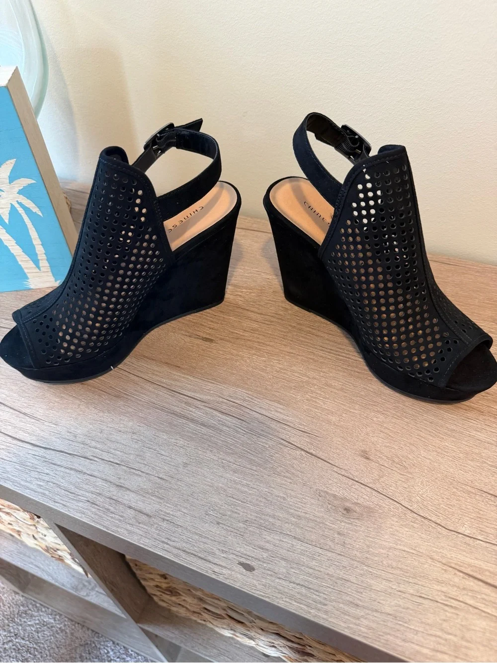 Chinese Laundry Z-Iris Micro Suede Black Perforated Wedge Sandals - Women